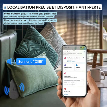 Localisation prĂ©cise et dispositif anti-perte avec portĂ©e Bluetooth de 75 mĂštres. Recevez des notifications lorsque vous vous Ă©loignez de vos objets et utilisez le mode anti-perte pour plus de sĂ©curitĂ©. Sonnerie âDililiâ pour une localisation rapide.